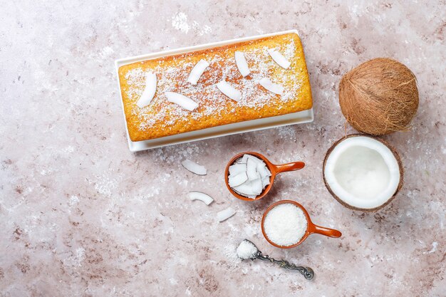 Homemade delicious coconut cake with half coconut