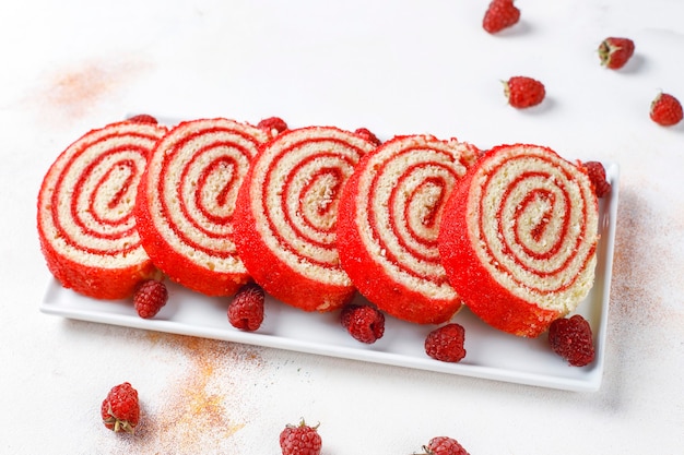 Free photo homemade delicious raspberry cake roll.