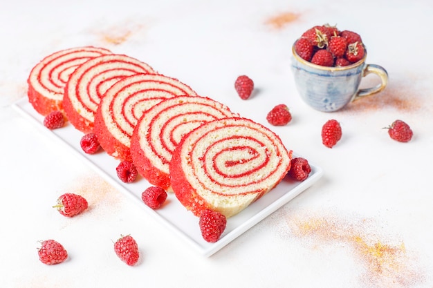 Homemade delicious raspberry cake roll.