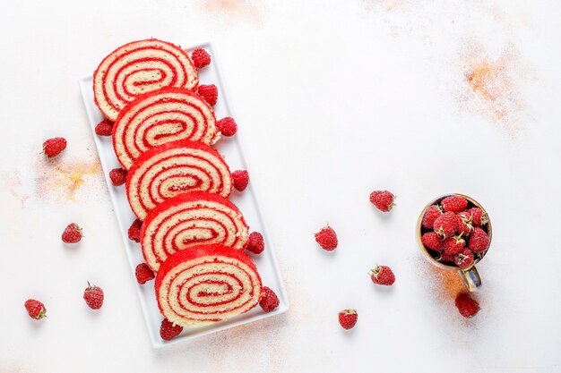 Homemade delicious raspberry cake roll.