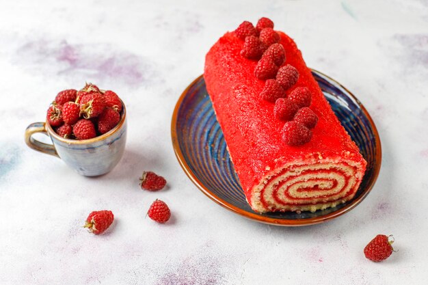 Homemade delicious raspberry cake roll.