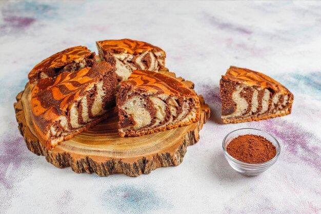 Homemade delicious zebra marble cake.