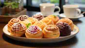 Free photo homemade dessert on wooden plate sweet bun with chocolate generated by artificial intelligence