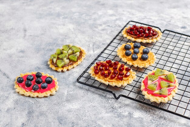 Homemade desserts with blueberries,kiwi slices and pomegranate seeds.