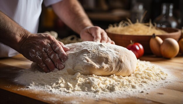 Homemade dough on wooden table preparing fresh bread generated by AI