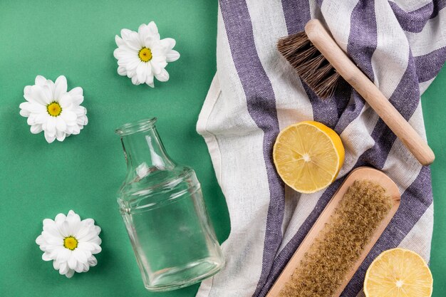 Homemade eco cleaning products on cloth