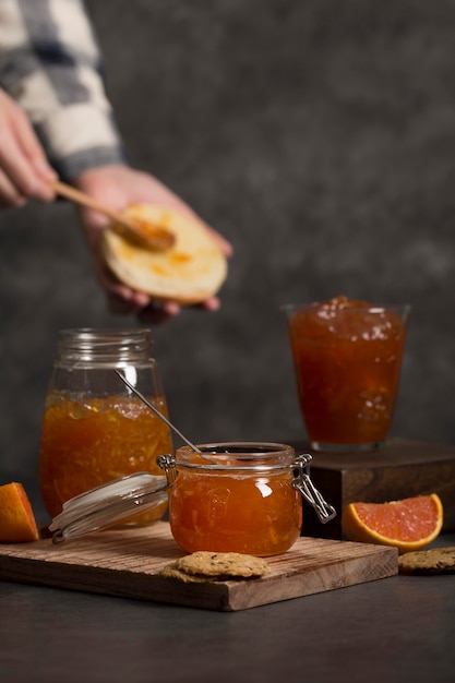 Homemade fruit butter arrangement on table