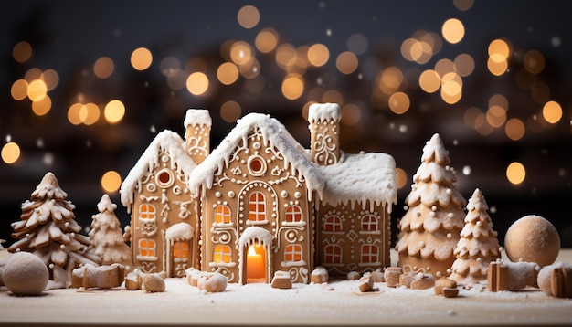 Homemade gingerbread cookies decorate the snow covered winter night generated by artificial intelligence