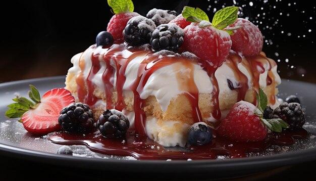Бесплатное фото Домашний изысканный десерт кусочек свежих ягод со взбитыми сливками, созданный искусственным интеллектом