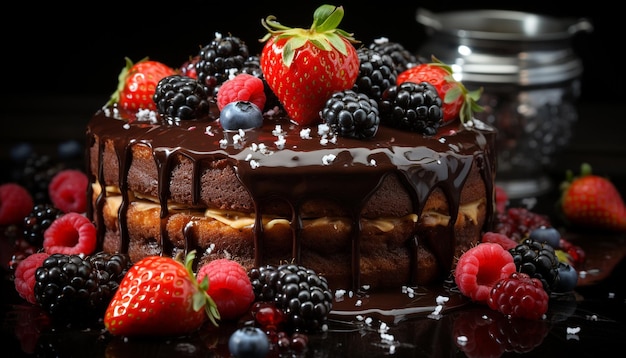 Бесплатное фото Домашний изысканный десерт, сладкий ягодный чизкейк на деревянной тарелке, созданный искусственным интеллектом
