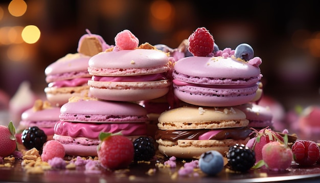 Free photo homemade gourmet macaroon stack fresh raspberry indulgence on plate generated by artificial intelligence