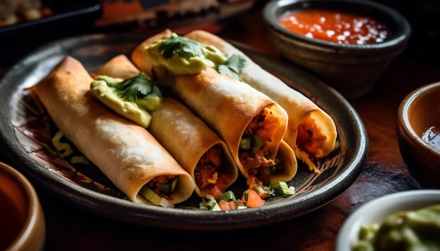 Free photo a homemade gourmet taco rolled up with fresh meat and vegetables generated by artificial intelligence