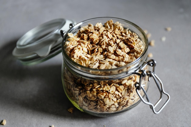 Homemade granola muesli in glass jar