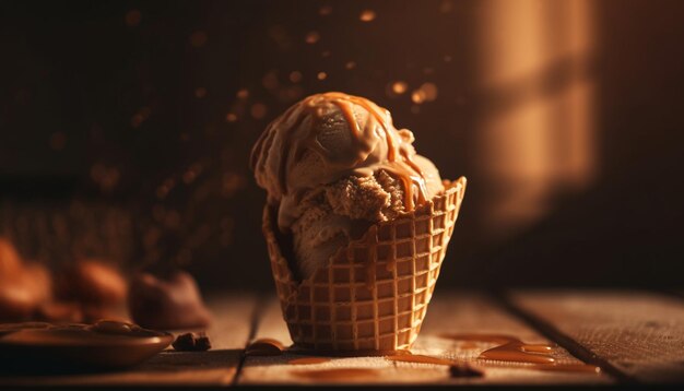 Homemade ice cream cone with chocolate sauce generated by AI