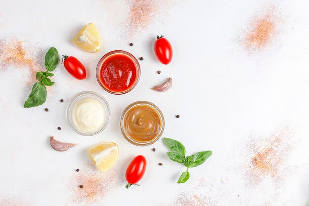 Homemade ketchup,mustard and mayonnaise sauce.