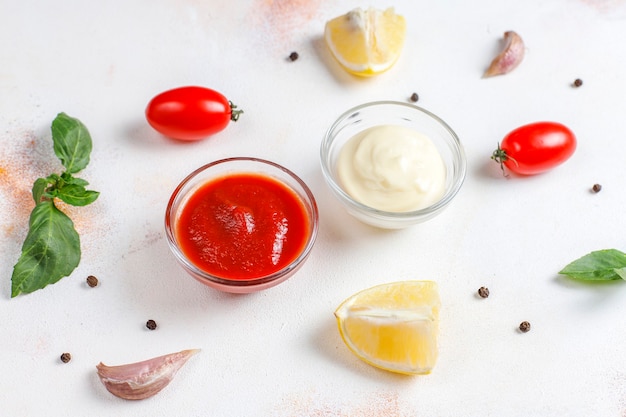 Free photo homemade ketchup,mustard and mayonnaise sauce.