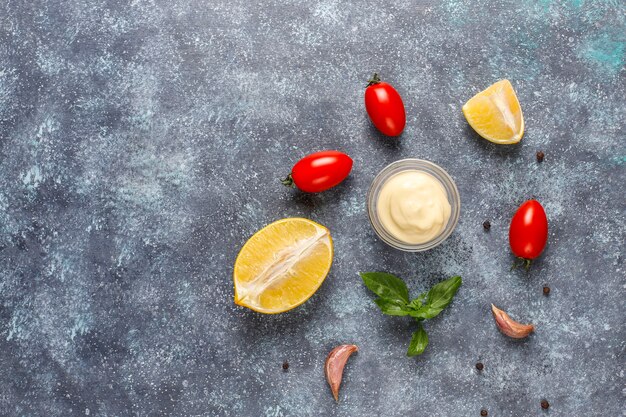 homemade ketchup,mustard and mayonnaise sauce.