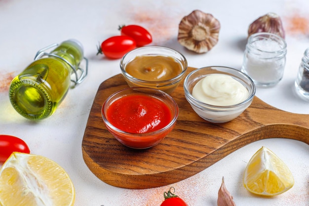 Free photo homemade ketchup,mustard and mayonnaise sauce.