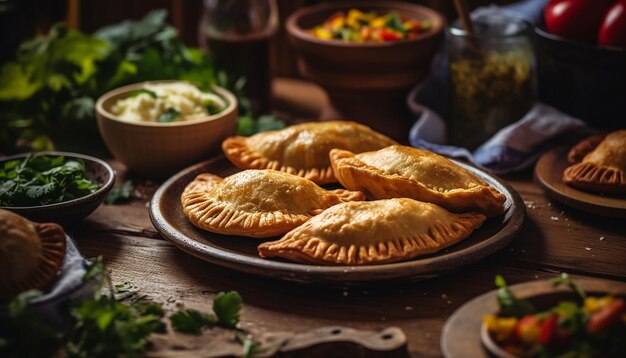 Homemade meat pie on rustic wooden plate generative AI