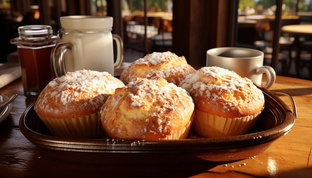 Muffin e caffè fatti in casa su un tavolo di legno rustico generato dall'intelligenza artificiale