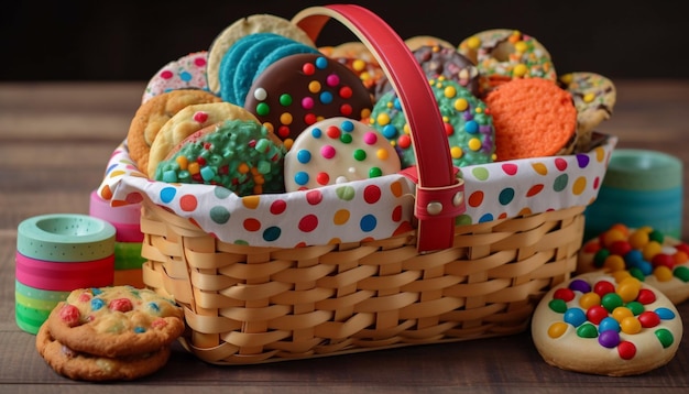 Homemade multi colored candy balls in wicker basket generated by AI