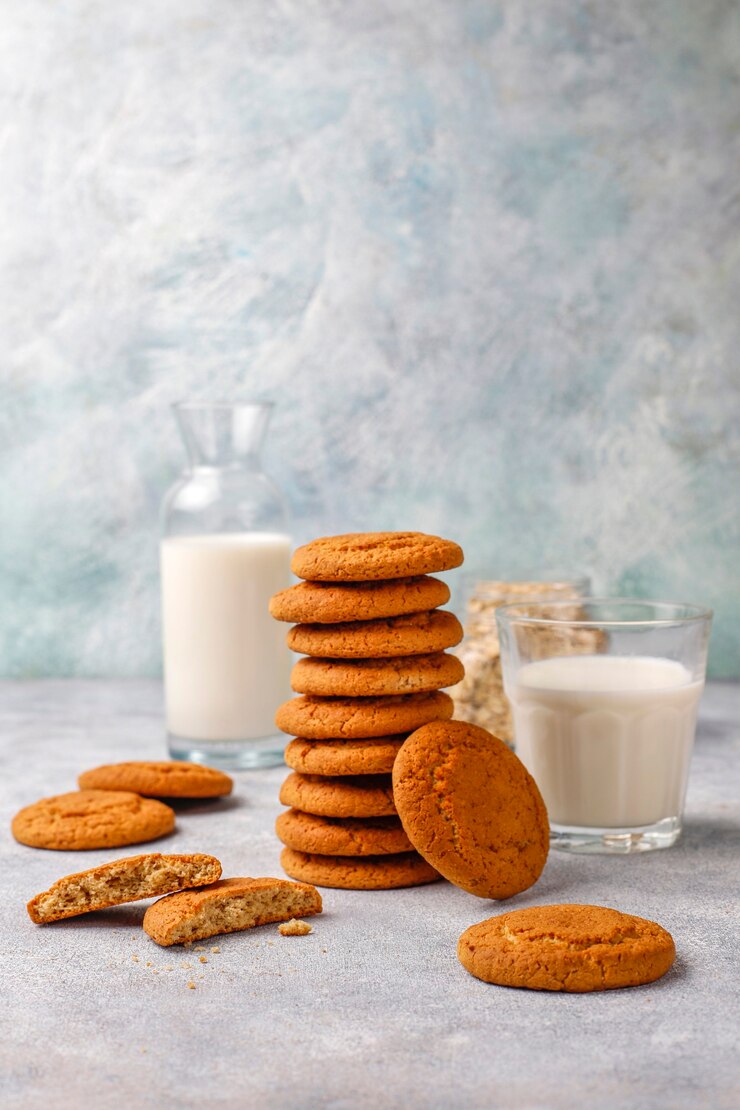 Free Photo homemade oatmeal cookies with a cup of milk.