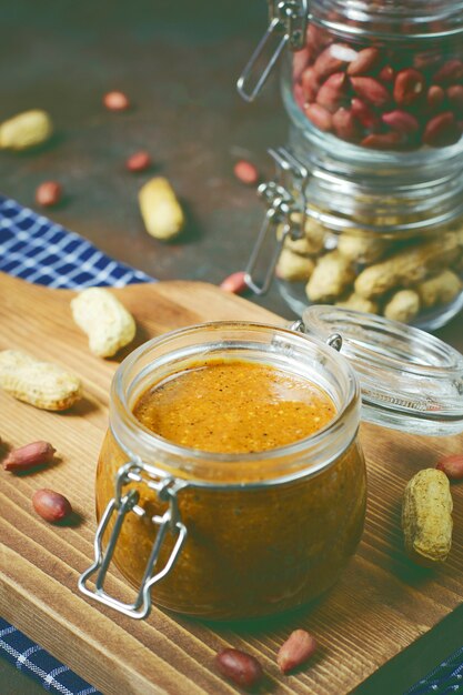 Homemade Organic Creamy Peanut Butter in a jar 