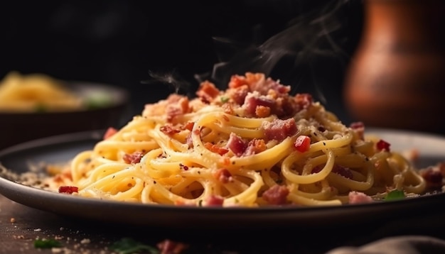 Homemade pasta meal with parmesan cheese and bacon generated by AI