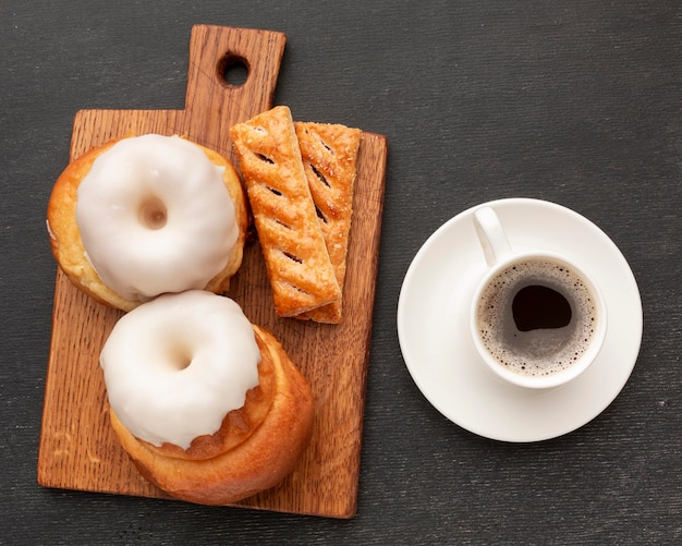 Homemade pastry and coffee top view