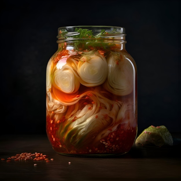 Free photo homemade pickled cabbage in a glass jar on a dark background