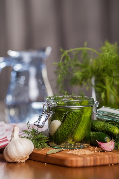 Homemade pickled cucumbers with garlic