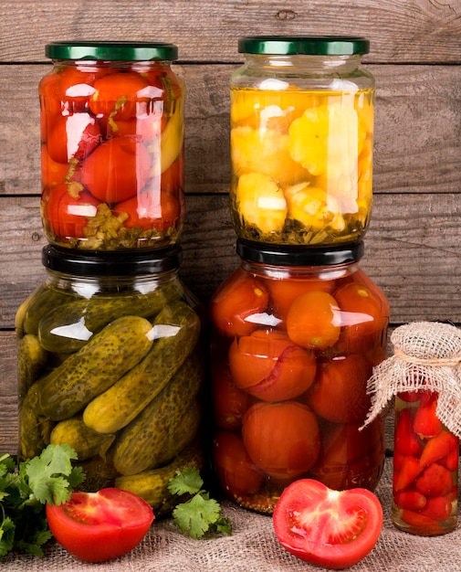 Homemade preserved vegetables in jars
