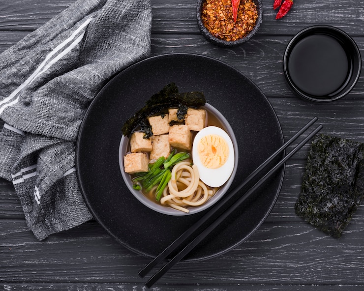 Free Photo homemade ramen soup food with half of egg