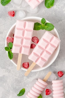 집에서 만든 라즈베리 아이스크림 또는 아이스 캔디에 그린 민트 잎과 얼음을 곁들인 냉동 딸기