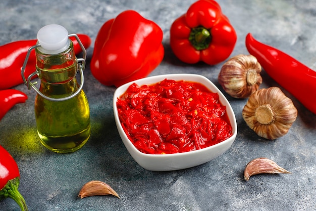 Homemade red pepper sauce.