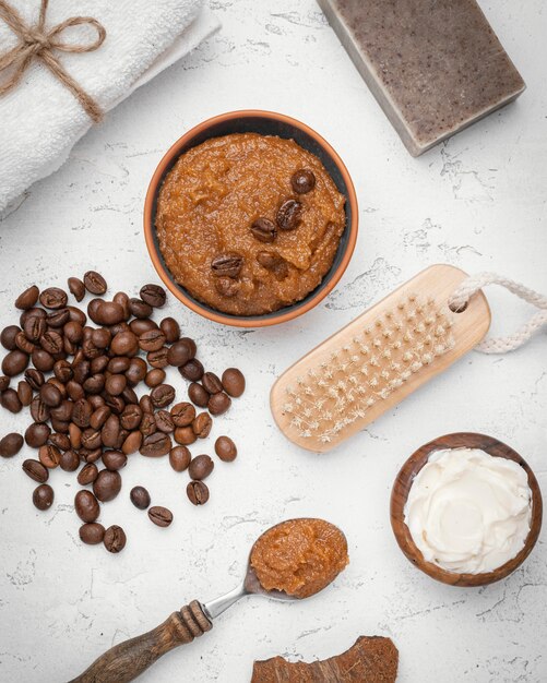 Homemade remedy with coffee beans  flat lay