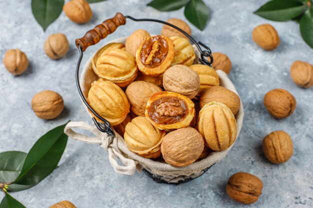 Homemade Russian cookies with boiled condensed milk and walnuts.