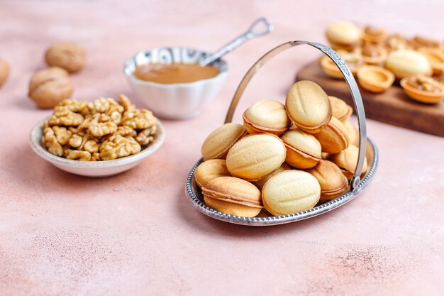 Homemade Russian walnut cookies with boiled condensed milk.