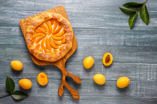 Homemade rustic apricot galettes with fresh organic apricot fruits.