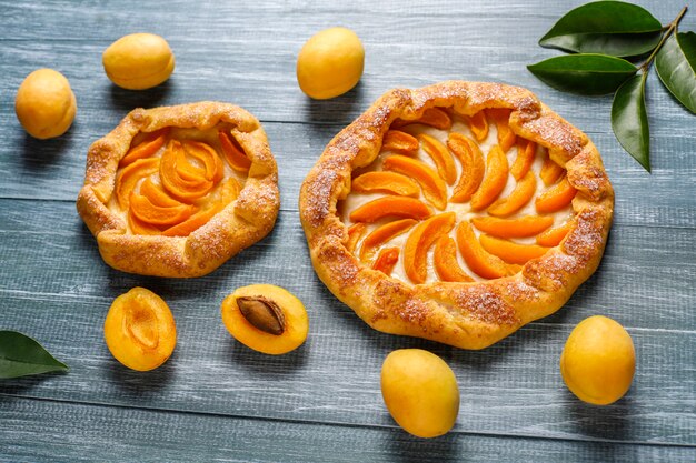 Foto gratuita galette rustiche fatte in casa all'albicocca con frutti freschi di albicocca biologici.