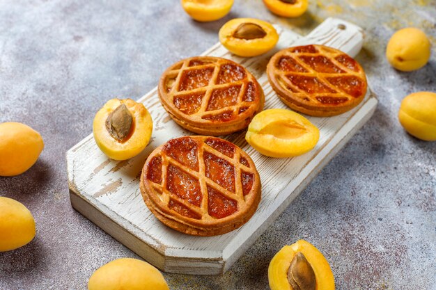 Homemade rustic mini apricot pie or tarts with fresh apricot fruits.