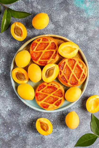 homemade rustic mini apricot pie or tarts with fresh apricot fruits.