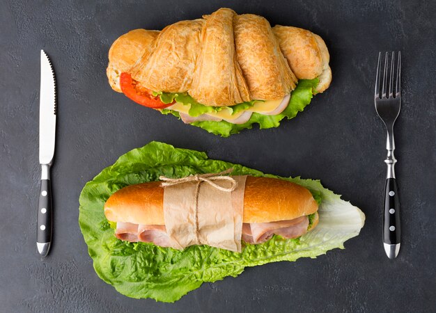 Homemade sandwiches in flat lay