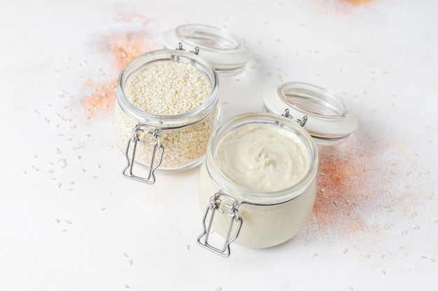 Free photo homemade sesame paste with sesame seeds.