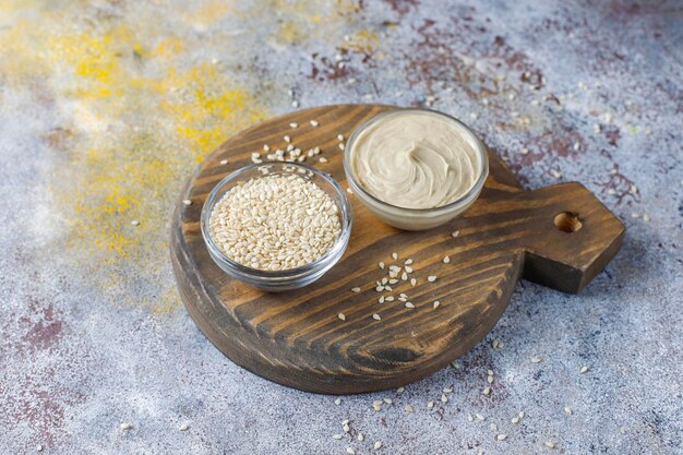 Homemade sesame paste with sesame seeds.