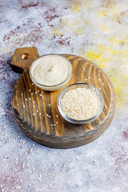 Homemade sesame paste with sesame seeds.