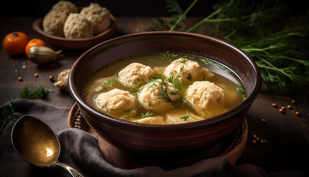 Foto gratuita zuppa fatta in casa con gnocchi al vapore e verdure generative ai