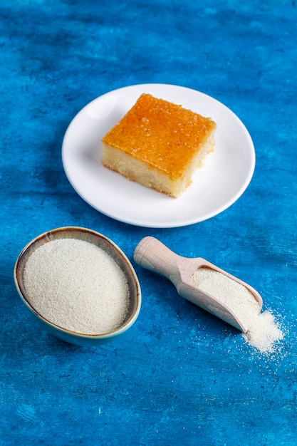 Free photo homemade turkish dessert semolina cake.