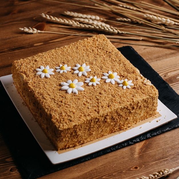 Quadrato della torta di miele con camomilla progettato dolce delizioso delizioso in polvere su tessuto nero marrone