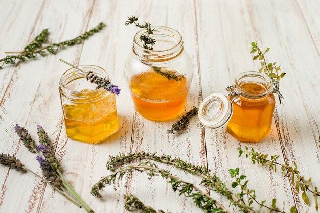 Honey jars line with leaves